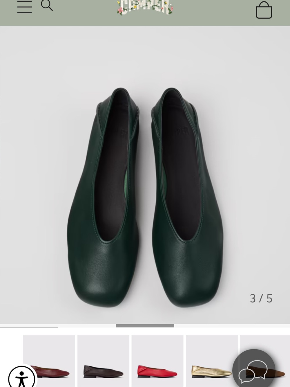 Camper Dark Green Leather Slip-On Ballet Flats